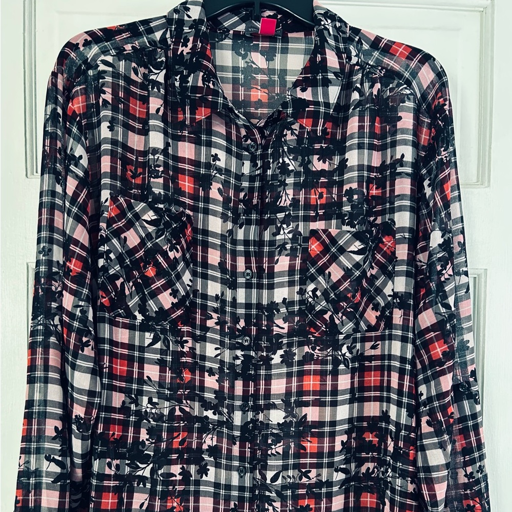 Vince Camuto Black, White & Red Plaid with Floral Overlay Button-Up Blouse